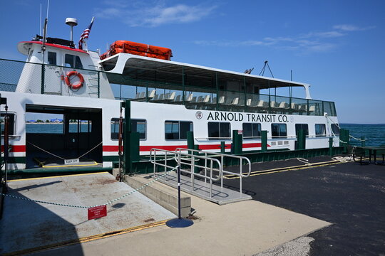 Arnold Transit Company ferry on the dock in Mackinaw City, ready for the trip to Mackinac Island, Michigan