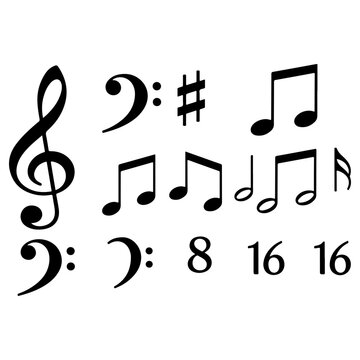 Musical notes and symbols collection including treble clef bass clef sharps and various rhythmic notations for education and composition.