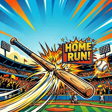  poster of a baseball bat hitting a flaming baseball with stylized motion lines. Typography: "Home Run!"