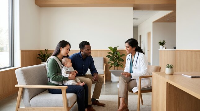 Young parents with their baby talking to a friendly pediatrician in a modern clinic office.