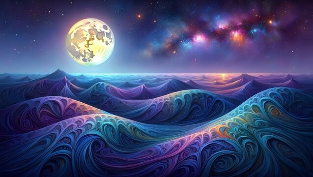 Surreal Cosmic Ocean Under a Luminous Moon
