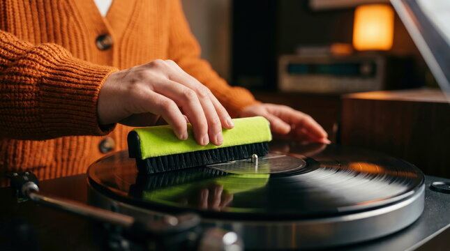 Vinyl record cleaning with brush on turntable, enjoying analog music and sound quality.