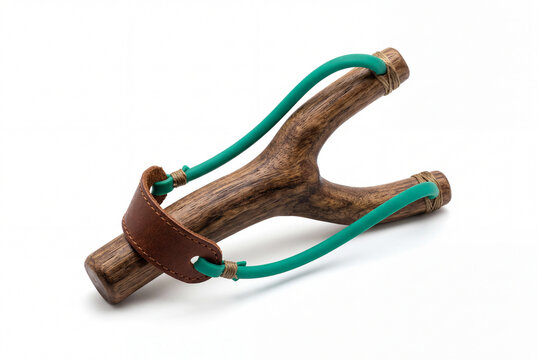 Wooden slingshot with green rubber band on white background