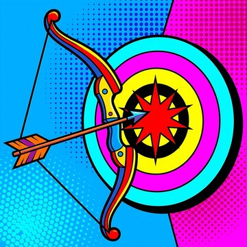  poster of an archery bow and arrow aiming at a target center. Typography: "Bullseye!"