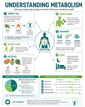 Metabolism Infographic Explaining Energy Use, BMR, Hormones, Nutrition and Lifestyle Factors