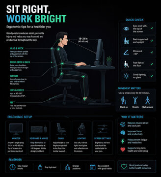 Workplace Ergonomics Infographic with Correct Sitting Posture and Computer Setup Tips