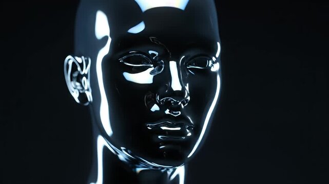 Reflective chrome robotic head on a black background.