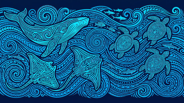 Tribal Line Art Ocean Life with Whale Turtles and Rays