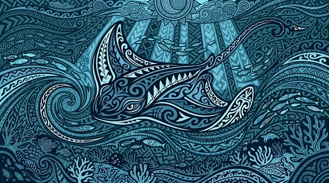 Tribal Stingray Swims Through Ornate Ocean Waves and Sunbeams