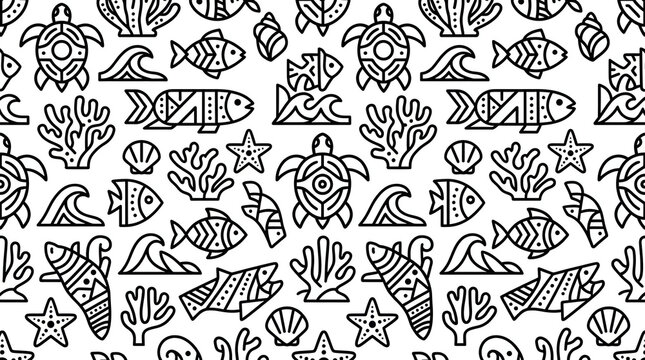 Ethnic Marine Life Pattern Turtles Fish Coral Waves Stars
