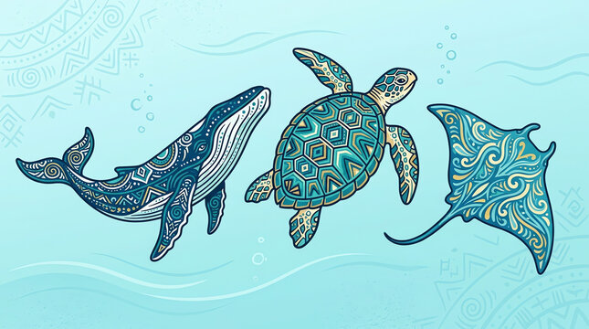 Whale Turtle Manta Ray with Ethnic Patterns Underwater