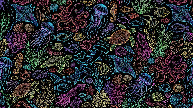 Vibrant Marine Life Pattern with Neon Glow Effect