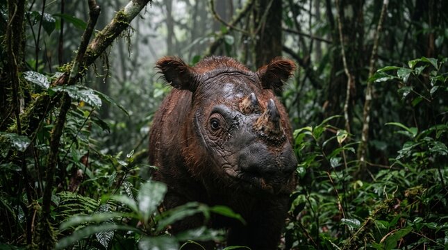 Rhino face peering through the dense tropical jungle foliage
