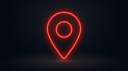 Naklejka premium Bright glowing red neon location pin icon with a circular center, set against a dark background, emitting a soft ambient light featuring circle, marker, navigation, gps, map, symbol and sign