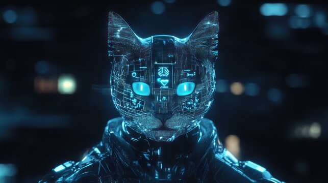 Cybernetic cat portrait with glowing eyes