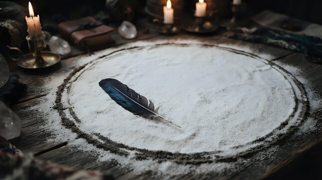 Mystical black feather resting on white powder circle with occult symbols, surrounded by burning candles and dark ritual elements for witchcraft, spirituality, and esoteric practices.