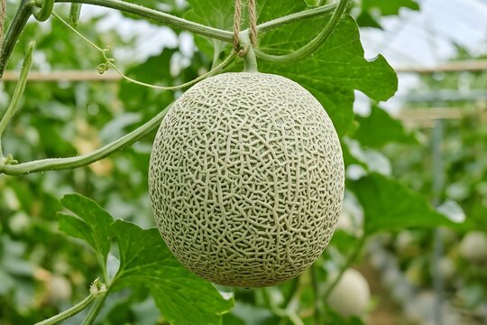 Ripe Cantaloupe Melon Hanging on Vine in Greenhouse