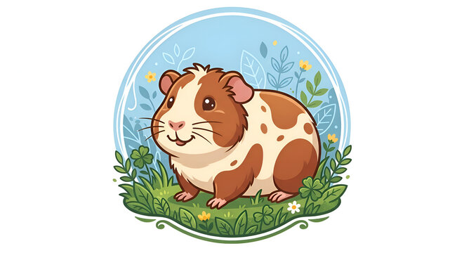 Cute Vector Guinea Pig in a Grassy Meadow Circle Logo