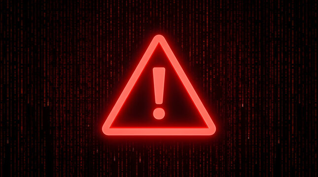 Bright red glowing triangular warning sign with an exclamation mark, set against a dark digital background filled with vertical binary code patterns featuring triangle, alert, danger and caution