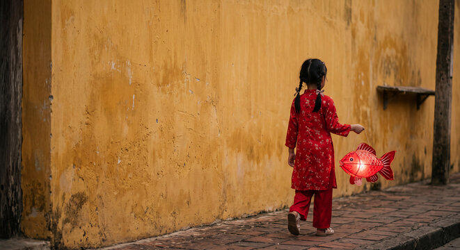 Little girl in red ao dai holding carp lantern walking past ancient yellow wall during Mid Autumn Festival