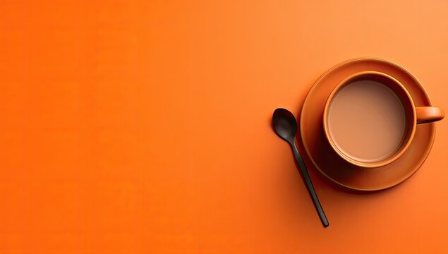Warm orange background, a coffee cup and saucer, and a spoon