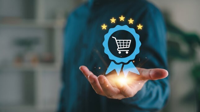 Hand holding glowing blue badge with shopping cart and five stars symbolizing customer satisfaction, quality service award and top rated e-commerce experience concept