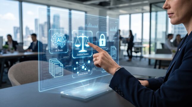 Woman touching holographic screen showing AI brain justice scales legal tech law automation compliance regulation ethics artificial intelligence network nodes data protection