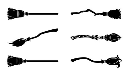 70 Witch Brooms Vector Set, Magical Cleaning Tools, Halloween Icons, Fantasy Objects, Silhouette Collection 100 © Md6543