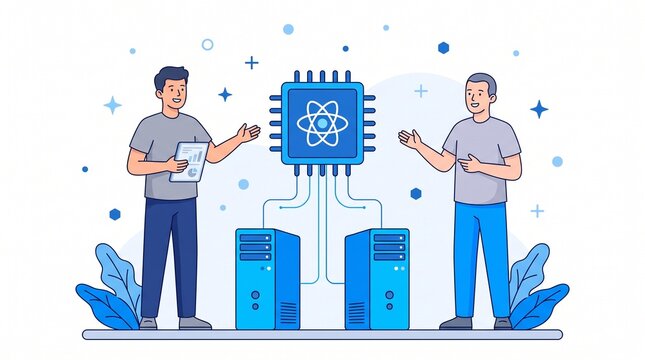 Two developers discussing react technology with servers
