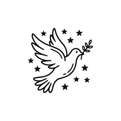 Fototapeta premium Dove carrying olive branch with stars illustration.