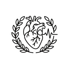 Obraz premium Anatomical Heart with ECG Line and Laurel Wreath Icon.