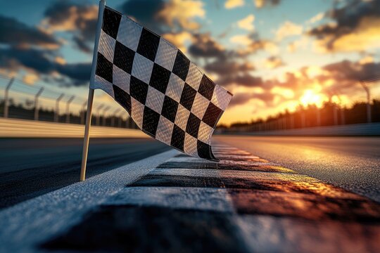 Checkered flag at sunset on race track