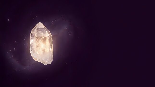 Luminous crystal gemstone glowing with warm light against dark mystical background, suitable for spiritual wellness, healing, meditation, and alternative therapy marketing materials.