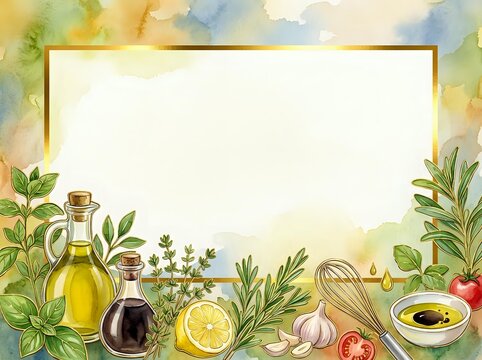 Watercolor cooking ingredients frame with olive oil, herbs, lemon, tomato, garlic and spices arranged around golden border on cream background for culinary designs.