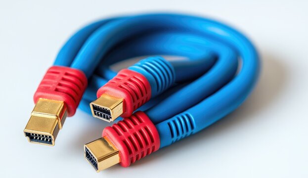 Close-up of two coiled blue cables with gold-colored connectors and red accents