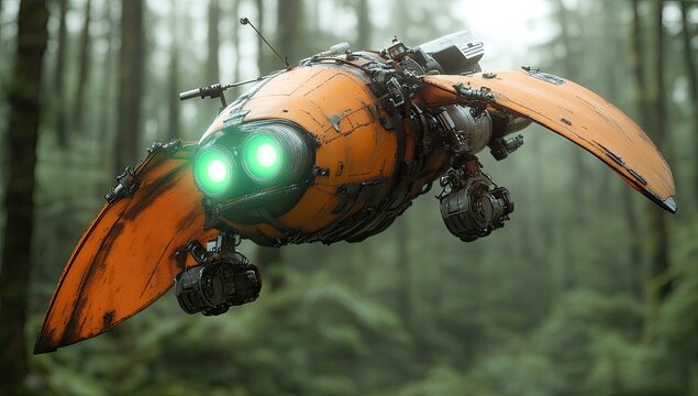 Orange, futuristic craft flies through a misty forest