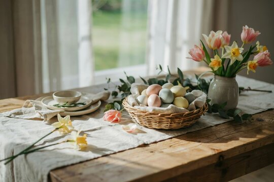 A wicker basket filled with pastel colored easter eggs sits on a rustic wooden table with a bouquet of spring tulips and daffodils nearby
