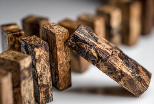 Wooden dominoes, close-up, one falling