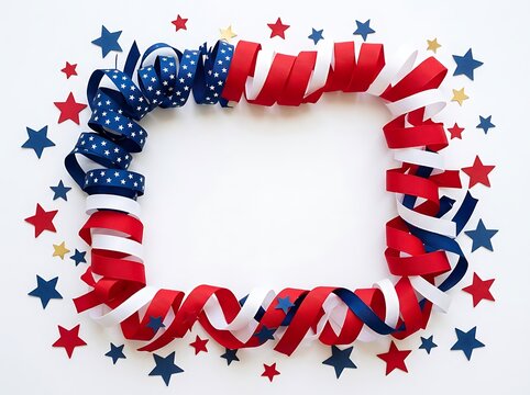 Patriotic border made of red white and blue ribbons and stars on a white background for holidays