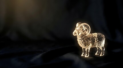 Fototapeta premium Glowing golden llama figurine with intricate filigree pattern standing on dark fabric background, suitable for luxury product photography and festive designs.