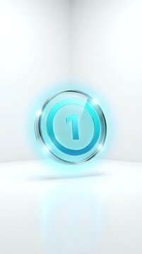 Glowing turquoise glass sphere with number one symbol, featuring luminous effect and transparent layers. Suitable for countdown timers, first place awards, and digital interface designs.