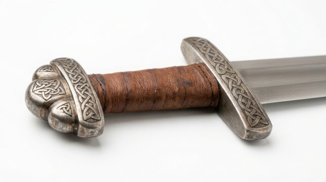 Close up of a medieval sword handle with a leather grip, intricate metal crossguard, and a three lobed pommel with celtic knotwork on white