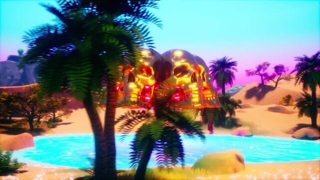 Floating Golden Skulls Circle Above Desert Oasis Lake