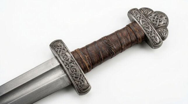 Close up of a medieval sword hilt with a leather wrapped handle and intricate silver knotwork engravings on the crossguard and pommel