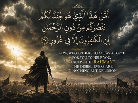 Surah Al-Mulk Ayah 20 Quranic verse visual featuring gold Arabic calligraphy, English translation, and a lone warrior overlooking a massive army under dark stormy clouds and sunburst