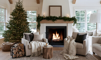 Obraz premium cozy winter living room with a fireplace, white walls, and neutral decorations, featuring comfortable armchairs with soft blankets, a wood stack, and a Christmas tree