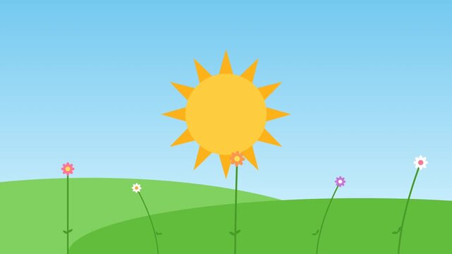 Minimalist cartoon animation of a sunny spring meadow