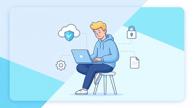 Person working on laptop with security icons