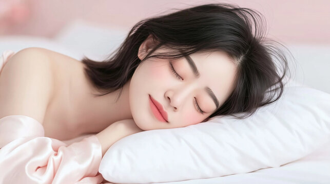 Beautiful Asian woman sleeping peacefully on soft bed pillow in morning light showing serene facial expression clear skin wellness relaxation close up photo