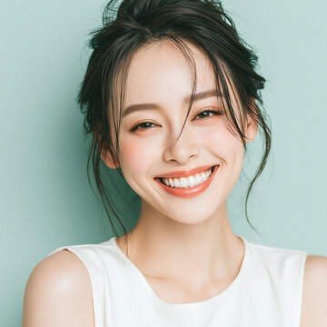 Beautiful Asian woman smiling with dimples showing perfect white teeth messy updo dark hair clear glowing skin green background skincare studio portrait photo